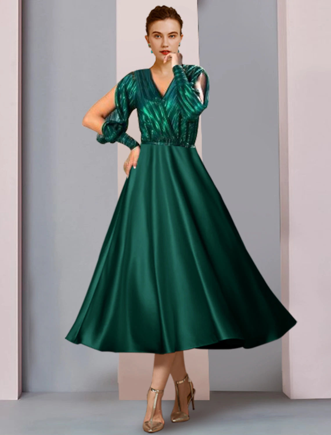 Wholesale  A-Line Mother of the Bride Dress Formal Wedding Guest Party Sparkle & Shine V Neck Tea Length Satin Charmeuse Half Sleeve with Pleats
